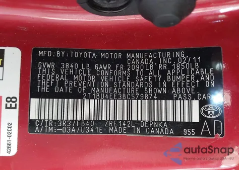 2011 Toyota Corolla Le from USA, damaged, VIN 2T1BU4EE3BC579874